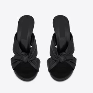 Black PU Leather‎ Knotted Block Heel Mules | Chunky 4.5" Slip-On Sandals Size 10